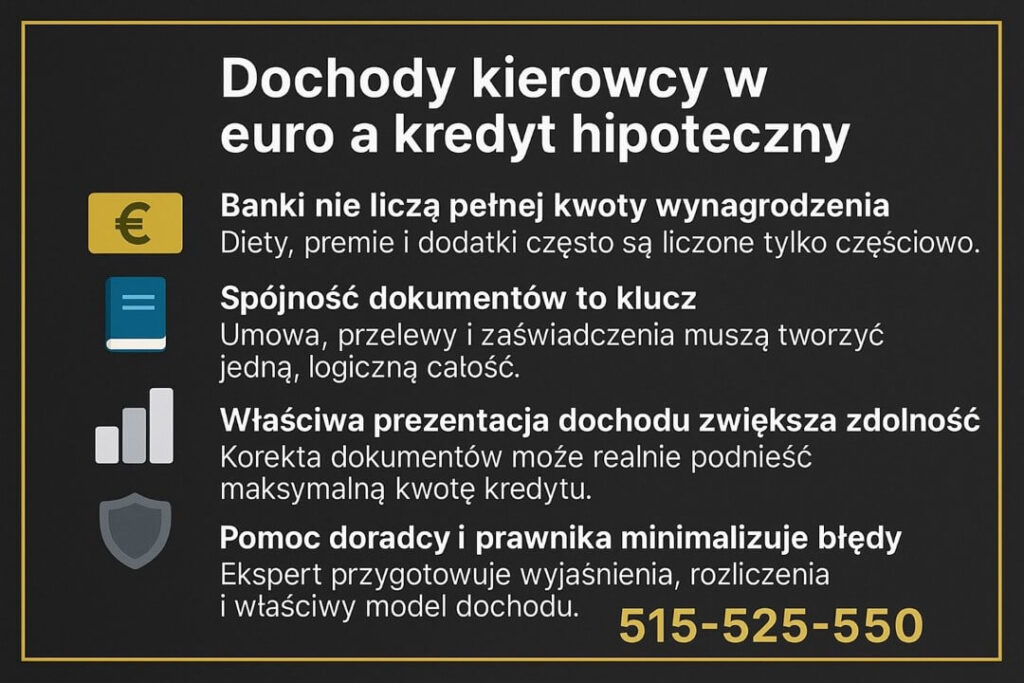 Infografika o tym, jak dochody kierowcy w euro wpływają na kredyt hipoteczny EUR dla kierowców. Zawiera punkty o liczeniu wynagrodzenia, spójności dokumentów, właściwej prezentacji dochodu i roli doradcy kredytowego w zwiększeniu zdolności kredytowej.