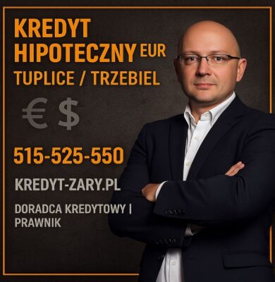 Doradca kredytowy i prawnik prezentujący ofertę kredytu hipotecznego EUR dla mieszkańców Tuplic i Trzebiela. Profesjonalna grafika informacyjna z numerem telefonu 515-525-550, podkreślająca specjalizację w obsłudze osób pracujących za granicą i szukających finansowania w euro.