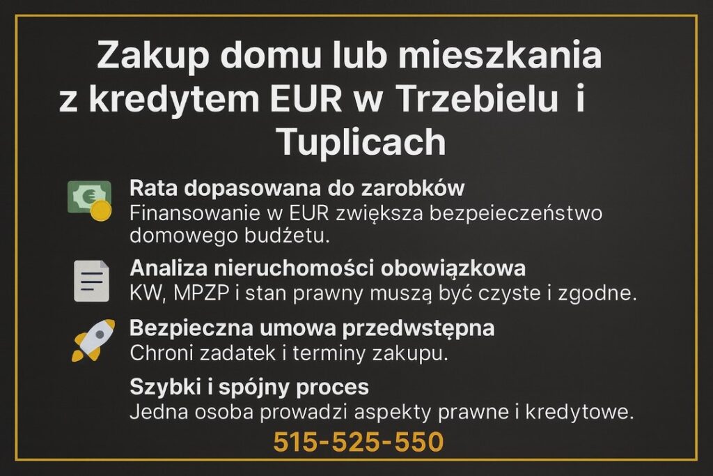 Infografika opisuje zasady zakupu domu lub mieszkania z kredytem hipotecznym EUR Trzebiel i Tuplice, uwzględniając analizę nieruchomości, umowę przedwstępną i dopasowanie raty do zarobków w euro. Projekt podkreśla wsparcie doradcy kredytowego i bezpieczeństwo transakcji.