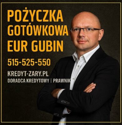 Profesjonalny doradca kredytowy i prawnik prezentujący ofertę pożyczki gotówkowej EUR Gubin. Grafika promuje finansowanie w euro, kontakt telefoniczny 515-525-550 oraz markę kredyt-zary.pl, podkreślając eksperckie doradztwo i bezpieczeństwo kredytowe.