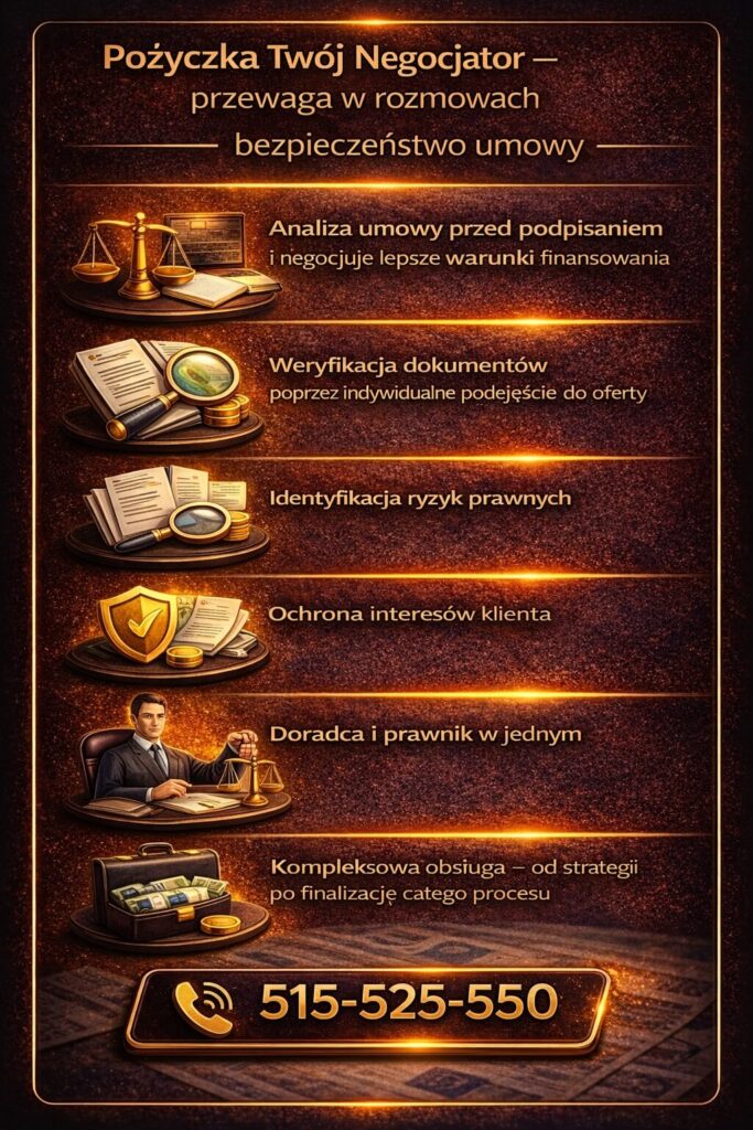 Pożyczka gotówkowa EUR Gubin negocjacje – infografika pokazuje rolę doradcy w uzyskaniu lepszych warunków finansowania. Analiza umowy, identyfikacja ryzyk oraz negocjowanie kosztów pozwalają obniżyć ratę i zwiększyć bezpieczeństwo klienta.