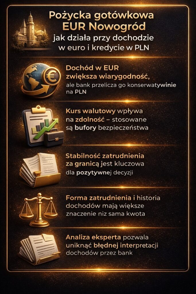 Pożyczka gotówkowa EUR Nowogród – grafika przedstawiająca zasady działania finansowania przy dochodzie w euro i kredycie w PLN, wpływ kursu walutowego, stabilność zatrudnienia oraz znaczenie analizy eksperta dla poprawnej oceny zdolności kredytowej klienta.