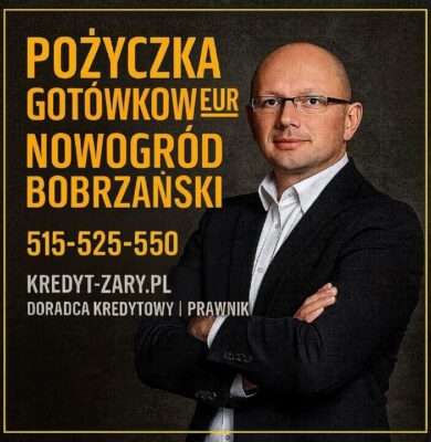 Profesjonalny doradca kredytowy i prawnik prezentujący ofertę pożyczki gotówkowej EUR dla mieszkańców Nowogrodu Bobrzańskiego. Grafika informacyjna z danymi kontaktowymi 515-525-550 i adresem kredyt-zary.pl, skierowana do osób pracujących za granicą i zarabiających w euro.