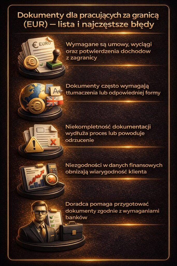 Pożyczka gotówkowa EUR Nowogród – grafika prezentująca wymagane dokumenty dla osób pracujących za granicą, w tym umowy, wyciągi bankowe i potwierdzenia dochodów, wraz z informacją o konieczności tłumaczeń oraz wpływie błędów dokumentacyjnych na decyzję kredytową.