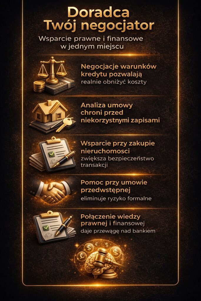 Kredyt gotówkowy w euro Nowogród Bobrzański – grafika ukazująca rolę doradcy jako negocjatora, wsparcie prawne i finansowe, analizę umowy kredytowej, pomoc przy zakupie nieruchomości oraz zwiększenie bezpieczeństwa i obniżenie kosztów finansowania.
