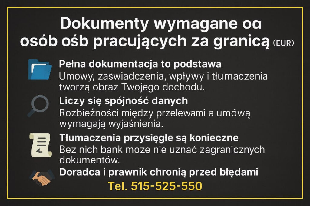 Grafika informacyjna o tym, jakie dokumenty są wymagane przy wniosku o pożyczkę gotówkową EUR Nowogród. Zawiera ikonę teczki, lupy, dokumentu i uścisku dłoni oraz krótkie hasła o spójności danych, tłumaczeniach przysięgłych i wsparciu doradcy. Widoczny numer telefonu 515-525-550.