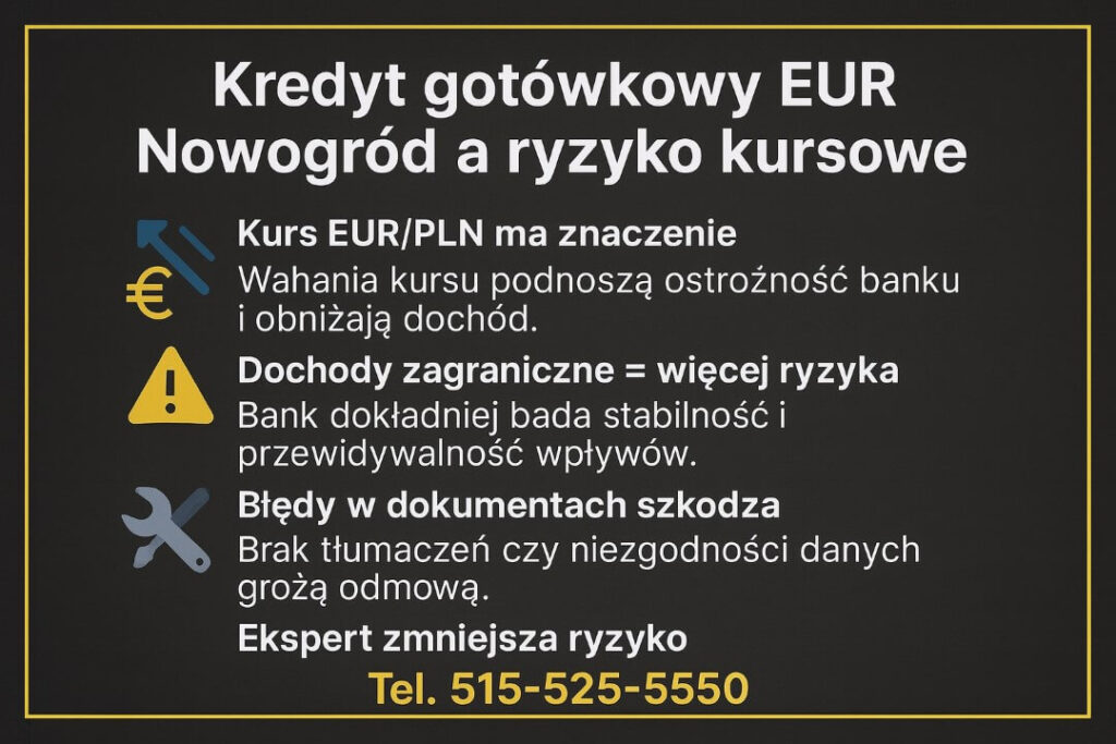 Grafika opisująca wpływ ryzyka kursowego na pożyczkę gotówkową EUR Nowogród. Zawiera ikony kursu walut, znak ostrzegawczy i narzędzia oraz krótkie punkty o znaczeniu kursu EUR/PLN, ryzyku dochodów zagranicznych i błędach w dokumentach. Widoczny numer telefonu 515-525-550.