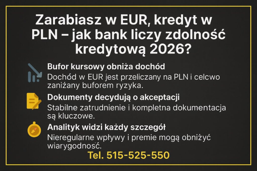 Grafika edukacyjna wyjaśniająca, jak obliczana jest zdolność dla pożyczki gotówkowej EUR Nowogród. Zawiera ikony wykresu, dokumentu i znacznika oraz skrótowe punkty o buforze kursowym, dokumentach i ocenie analityka. Na dole widoczny numer kontaktowy 515-525-550.
