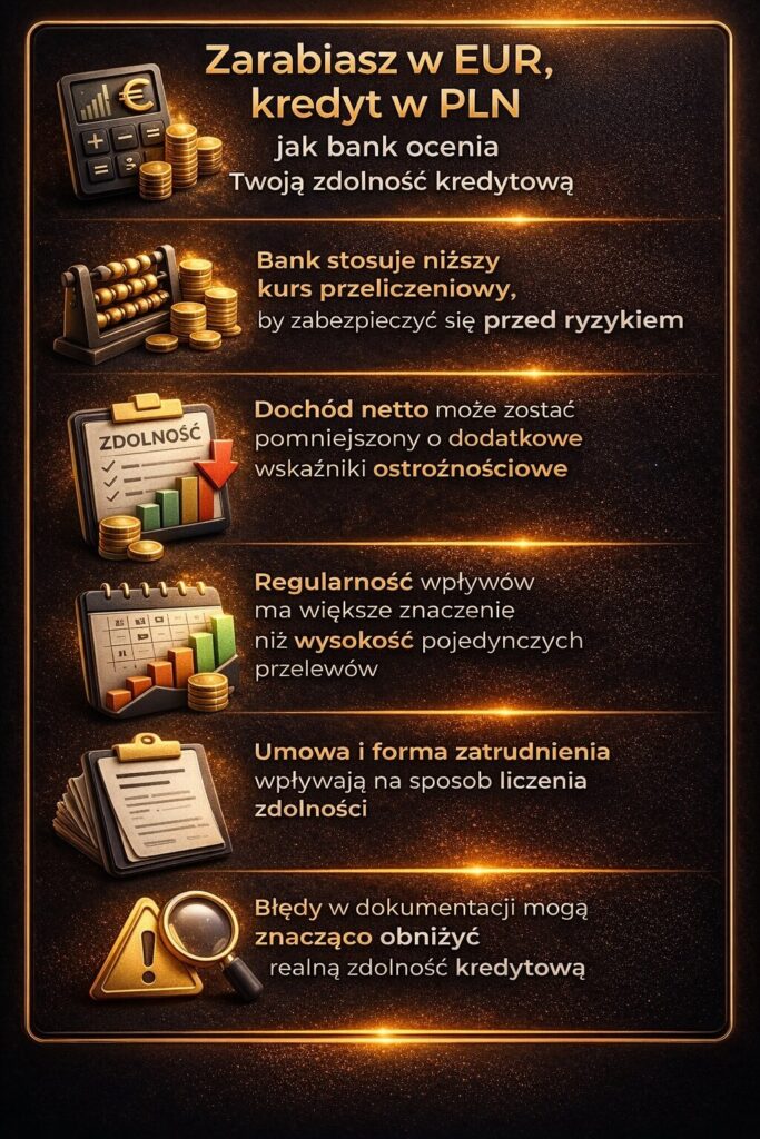 Pożyczka gotówkowa EUR Nowogród – infografika pokazująca jak bank ocenia zdolność kredytową przy dochodach w euro, uwzględniając kurs przeliczeniowy, regularność wpływów, formę zatrudnienia oraz dodatkowe wskaźniki bezpieczeństwa stosowane przez instytucje finansowe.