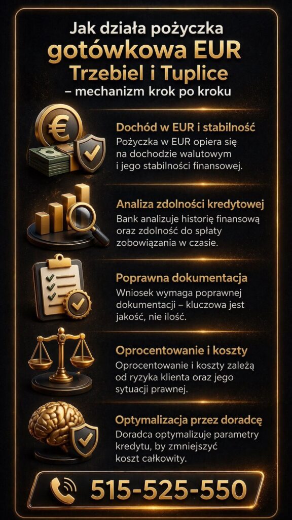 Pożyczka gotówkowa EUR Trzebiel – grafika przedstawiająca mechanizm działania finansowania dla osób zarabiających w euro. Ekspert kredytowy wyjaśnia analizę zdolności kredytowej, znaczenie dokumentów, oprocentowanie oraz optymalizację kosztów przy wsparciu doradcy finansowego.