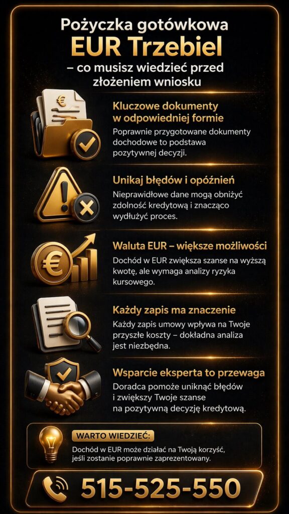 Pożyczka gotówkowa EUR Tuplice - infografika pokazująca, co warto wiedzieć przed złożeniem wniosku kredytowego. Grafika prezentuje znaczenie dokumentacji, ryzyka błędów, wpływu dochodu w EUR oraz wsparcia eksperta kredytowego przy zwiększaniu szans na pozytywną decyzję.