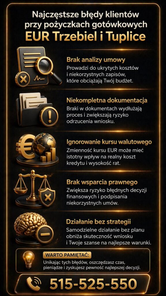 Pożyczka gotówkowa EUR Trzebiel – infografika prezentująca najczęstsze błędy klientów przy kredytach gotówkowych. Brak analizy umowy, niekompletne dokumenty, ignorowanie kursu EUR oraz brak wsparcia prawnego mogą zwiększać koszty i ryzyko decyzji kredytowej.