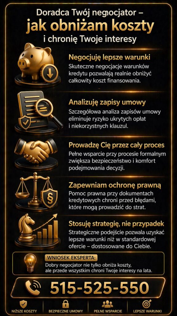 Finansowanie gotówkowe w euro Trzebiel – grafika pokazująca, jak doradca negocjuje warunki kredytu i obniża całkowite koszty zobowiązania. Analiza zapisów umowy, wsparcie prawne oraz strategia negocjacyjna pomagają uzyskać lepsze i bezpieczniejsze warunki.