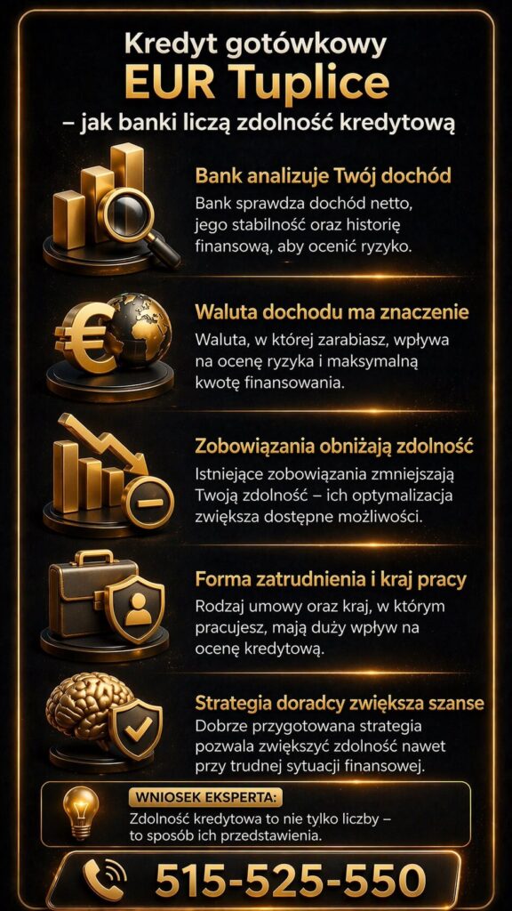Pożyczka gotówkowa EUR Trzebiel – grafika o zdolności kredytowej i czynnikach wpływających na decyzję banku. Dochód w euro, stabilność zatrudnienia, historia finansowa oraz strategia doradcy kredytowego pomagają zwiększyć szanse na korzystne finansowanie.