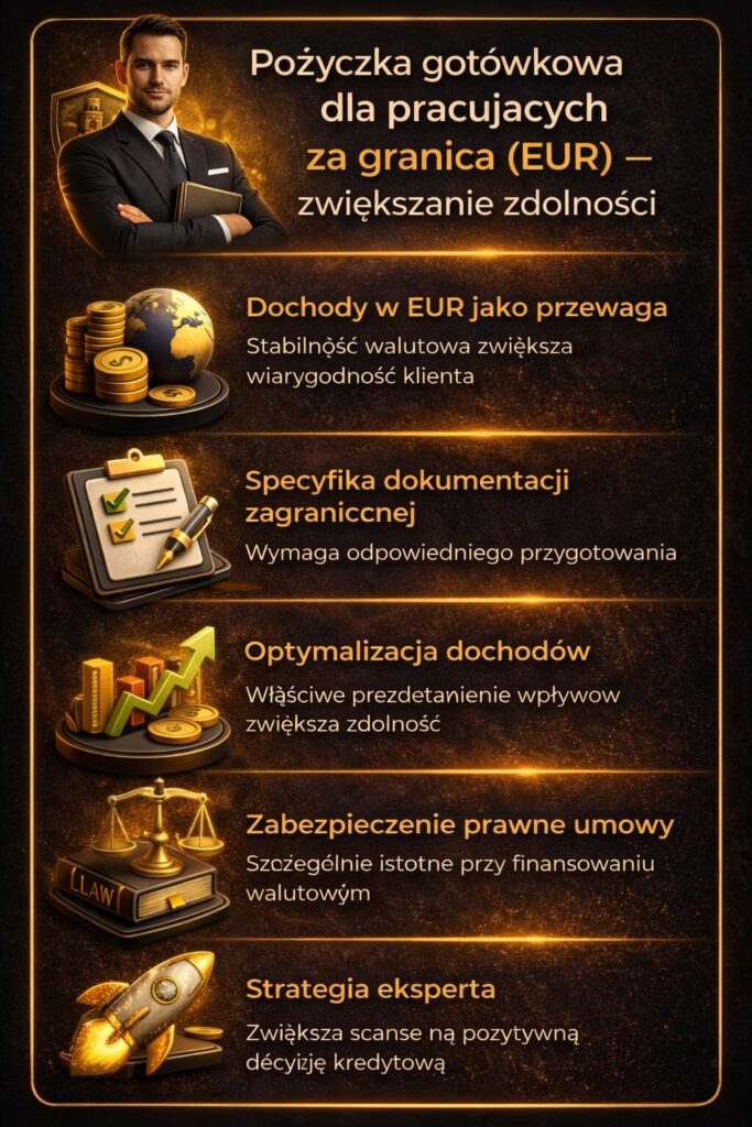Dochody zagraniczne jako przewaga kredytowa – kredyt gotówkowy w Gubinie dla osób pracujących w EUR. Odpowiednie przygotowanie dokumentów i analiza wpływów zwiększają zdolność kredytową oraz szanse na uzyskanie finansowania