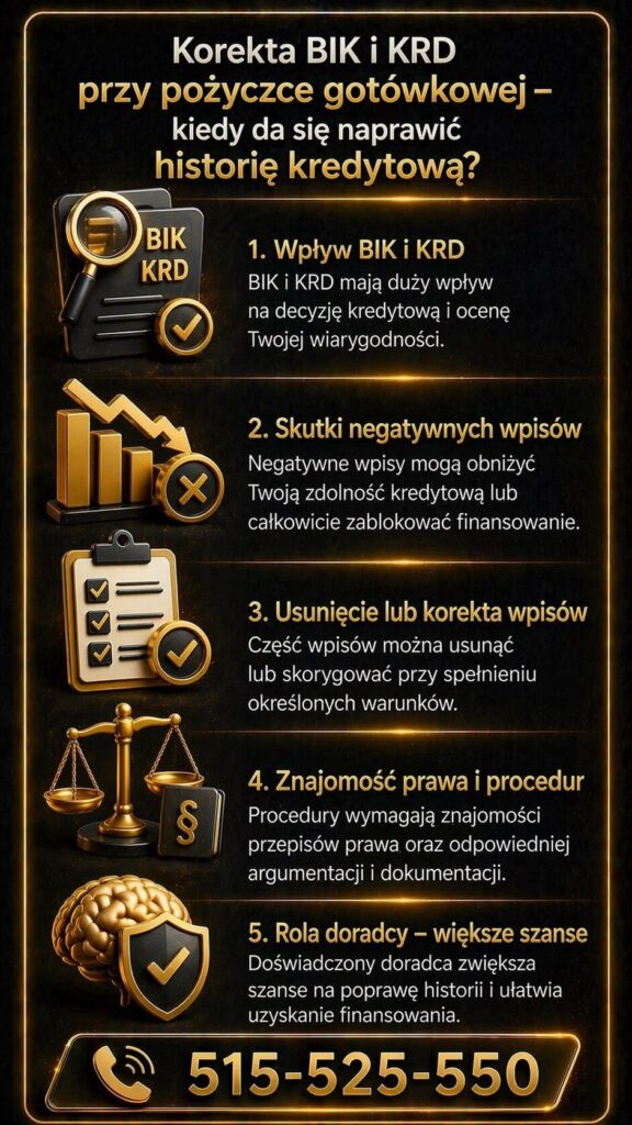 Finansowanie gotówkowe w Nowogrodzie Bobrzańskim – infografika dotycząca korekty wpisów BIK i KRD, poprawy historii kredytowej oraz zwiększenia szans na uzyskanie pożyczki. Wsparcie eksperta w analizie procedur, dokumentów i bezpiecznych rozwiązań.