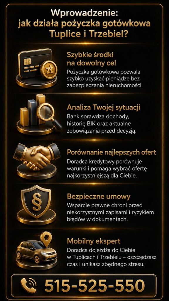 Pożyczka gotówkowa Trzebiel - infografika pokazująca jak działa finansowanie gotówkowe, analiza zdolności kredytowej, porównanie ofert i mobilny doradca kredytowy. Pomoc eksperta i prawnika przy wyborze bezpiecznej pożyczki oraz wsparcie dla klientów z Trzebiela i Tuplic.