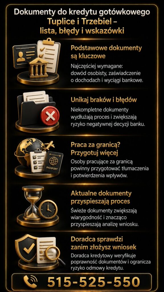 Pożyczka gotówkowa Trzebiel - dokumenty potrzebne do uzyskania finansowania, lista wymaganych zaświadczeń i najczęstsze błędy klientów. Doradca kredytowy pomaga przygotować dokumenty oraz zwiększyć szanse na szybką decyzję banku.
