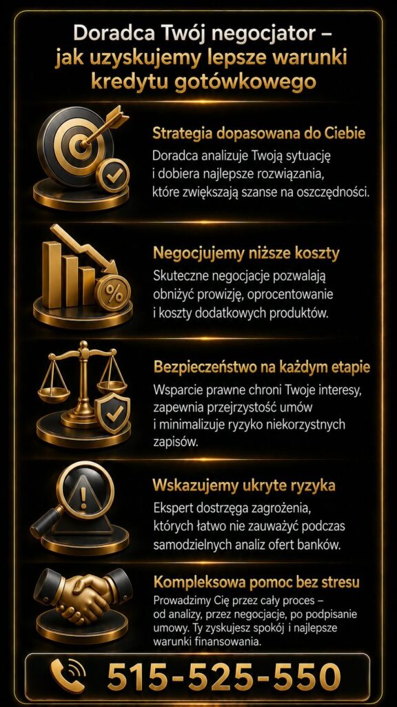 Kredyt gotówkowy Trzebiel – negocjowanie lepszych warunków finansowania z pomocą doradcy kredytowego i prawnika. Infografika pokazuje obniżanie kosztów, analizę umowy oraz ochronę przed niekorzystnymi zapisami bankowymi.