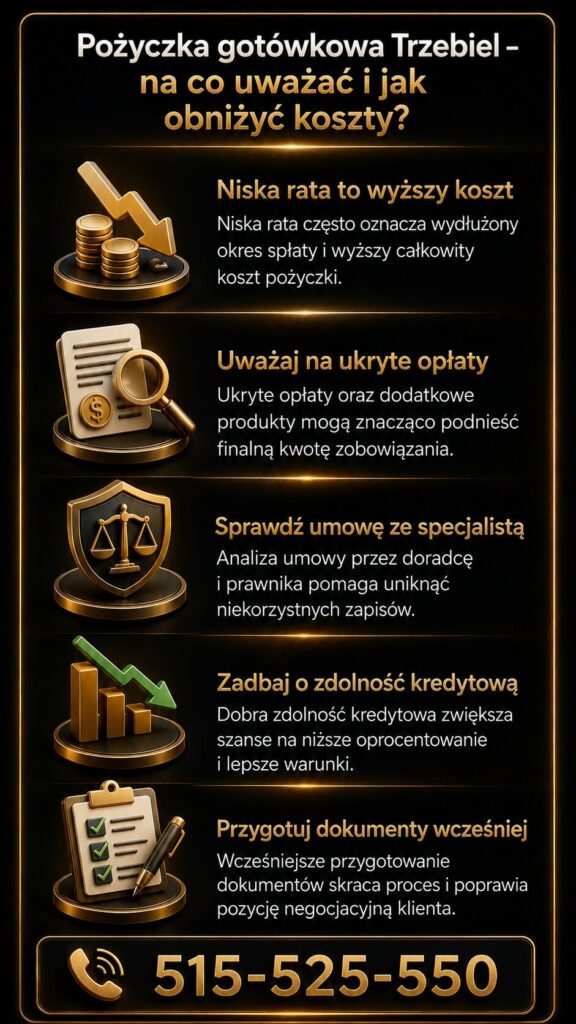 Pożyczka gotówkowa Trzebiel – jak obniżyć koszty kredytu i uniknąć ukrytych opłat. Infografika pokazuje znaczenie zdolności kredytowej, analizy umowy oraz przygotowania dokumentów przed złożeniem wniosku o finansowanie gotówkowe.