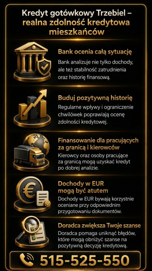 Pożyczka gotówkowa Trzebiel - realna zdolność kredytowa mieszkańców, analiza dochodów, historii finansowej i pracy za granicą. Doradca kredytowy pomaga zwiększyć szanse na pozytywną decyzję i uzyskanie korzystnych warunków finansowania.