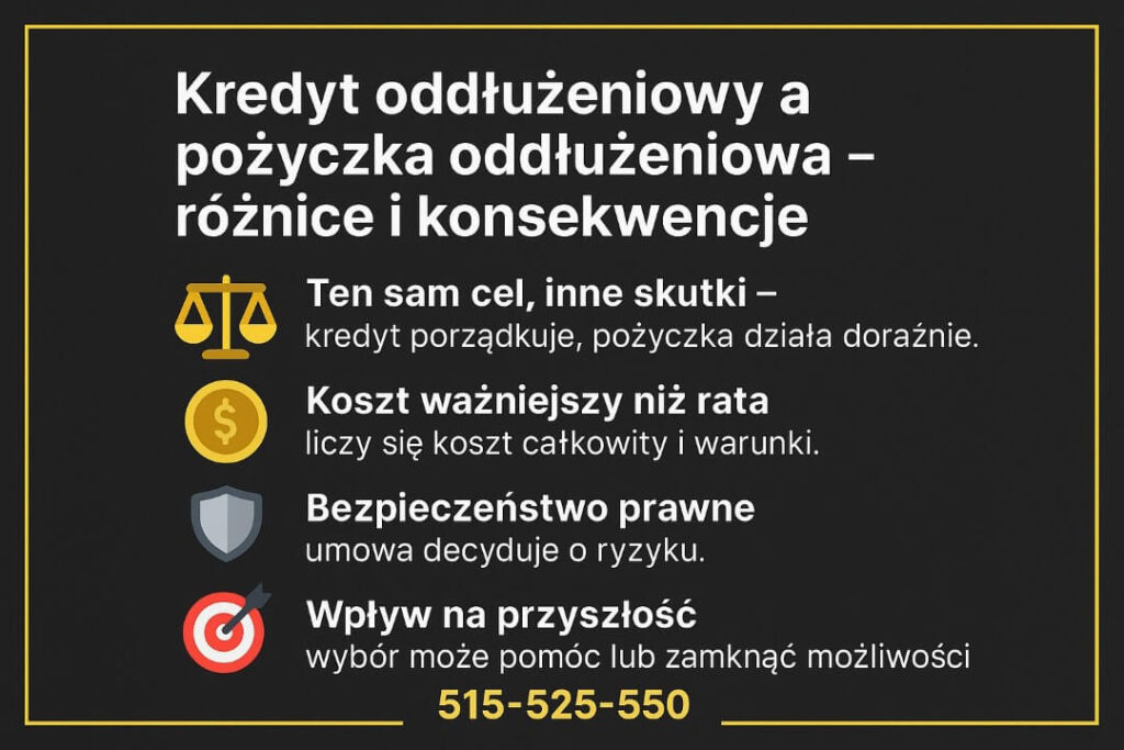 Kredyt oddłużeniowy a pożyczka oddłużeniowa – infografika pokazująca kluczowe różnice i konsekwencje wyboru formy oddłużenia. Grafika wyjaśnia znaczenie kosztu całkowitego, bezpieczeństwa prawnego umowy oraz wpływu decyzji na przyszłą stabilność finansową.