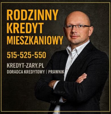 Grafika przedstawia ofertę Rodzinnego Kredytu Mieszkaniowego, prezentowaną przez doświadczonego doradcę kredytowego i prawnika z Żar. Ekspert podkreśla wsparcie w procesie finansowania zakupu nieruchomości, a numer 515-525-550 umożliwia szybki kontakt z doradcą.