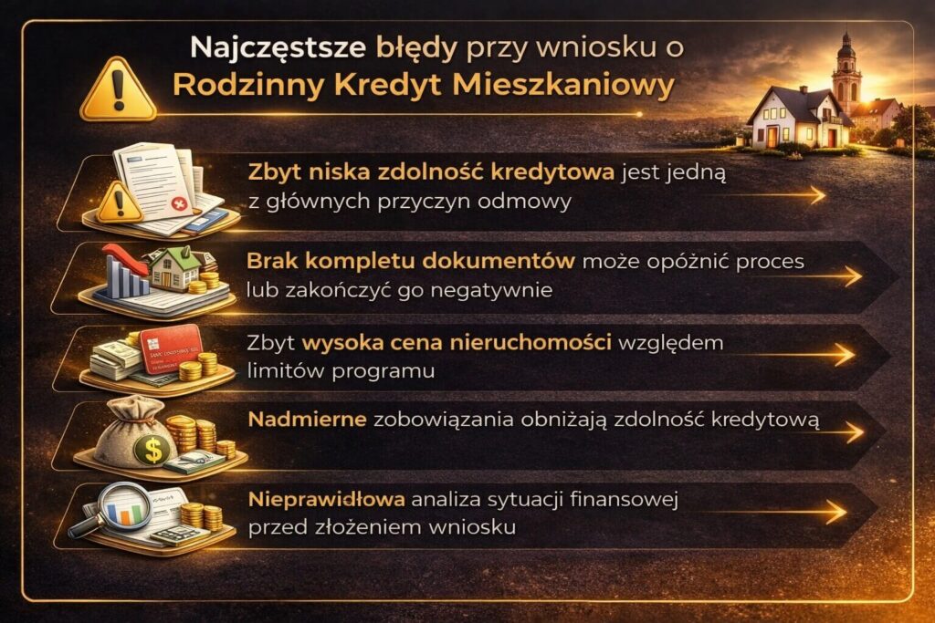 Infografika prezentująca najczęstsze błędy przy wniosku o kredyt mieszkaniowy z gwarancją wkładu własnego. Grafika pokazuje problemy takie jak zbyt niska zdolność kredytowa, brak dokumentów, zbyt wysoka cena nieruchomości względem limitów programu oraz nadmierne zobowiązania.