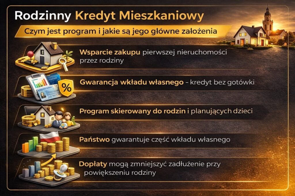 Infografika wyjaśniająca czym jest program kredytu rodzinnego na pierwsze mieszkanie. Grafika pokazuje wsparcie zakupu nieruchomości przez państwo, gwarancję wkładu własnego, możliwość obniżenia zadłużenia po powiększeniu rodziny oraz zasady korzystania z programu.
