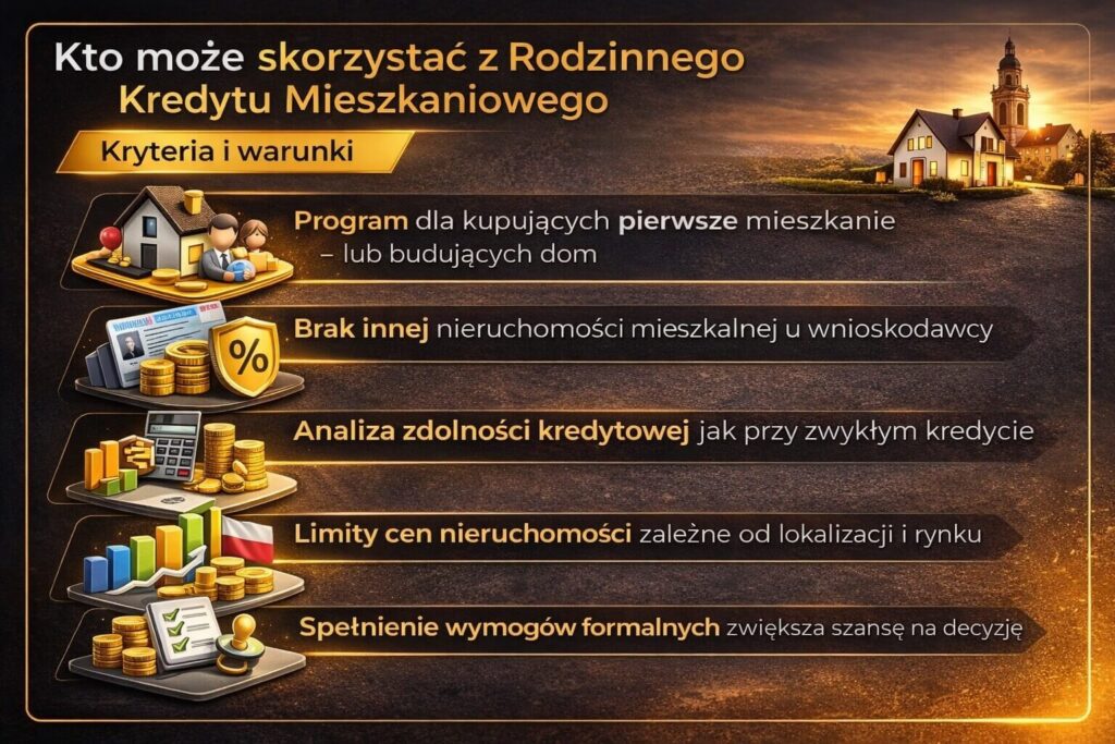 Infografika przedstawiająca kto może skorzystać z programu kredytu hipotecznego dla rodzin bez wkładu własnego. Grafika pokazuje warunki udziału w programie, brak posiadania innej nieruchomości, analizę zdolności kredytowej oraz limity cen mieszkań.