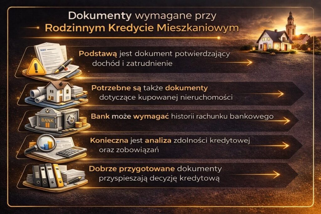 Infografika przedstawiająca Rodzinny Kredyt Mieszkaniowy oraz dokumenty potrzebne do złożenia wniosku o finansowanie mieszkania lub budowy domu. Grafika pokazuje analizę dochodów, dokumenty nieruchomości i weryfikację zdolności kredytowej wymaganej przez bank przed decyzją kredytową.