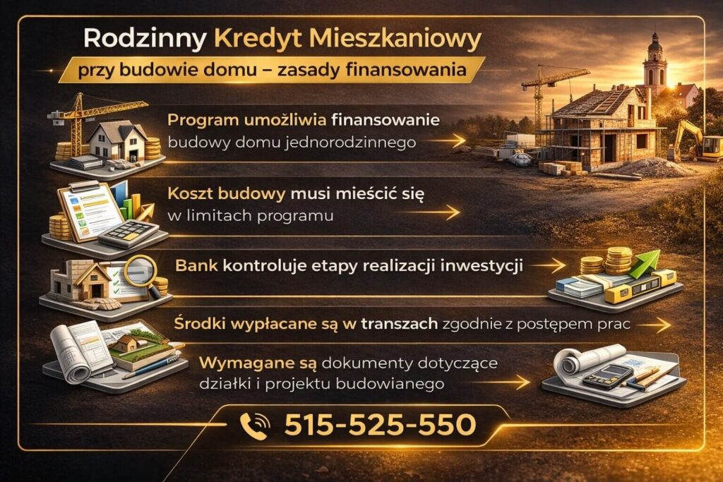 Infografika wyjaśniająca zasady programu Rodzinny Kredyt Mieszkaniowy przy budowie domu jednorodzinnego. Grafika prezentuje finansowanie budowy, limity programu, kontrolę etapów inwestycji przez bank oraz wypłatę środków kredytu w transzach zgodnie z postępem prac budowlanych.
