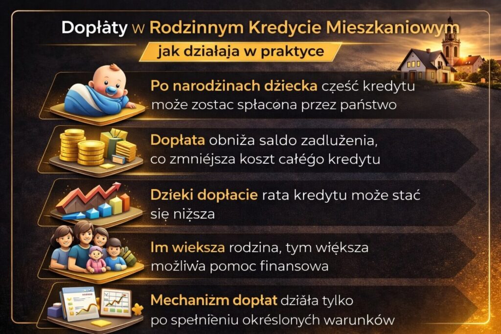 Infografika pokazująca dopłaty w programie Rodzinny Kredyt Mieszkaniowy. Grafika wyjaśnia jak narodziny dziecka mogą obniżyć saldo kredytu, zmniejszyć całkowity koszt finansowania oraz jak wsparcie państwa wpływa na wysokość raty i bezpieczeństwo finansowe rodziny.