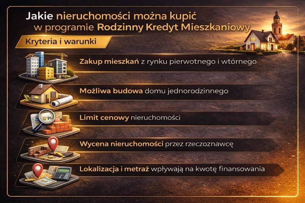 Infografika pokazująca jakie nieruchomości można kupić w programie kredytu rodzinnego na mieszkanie. Grafika przedstawia możliwość zakupu lokalu z rynku pierwotnego lub wtórnego, budowę domu jednorodzinnego, limity cen nieruchomości oraz znaczenie lokalizacji i metrażu dla finansowania.