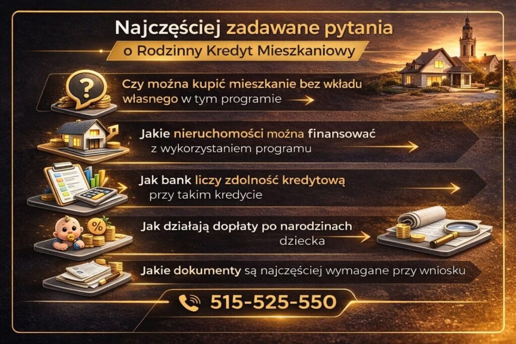 Infografika z najczęściej zadawanymi pytaniami o program kredytu mieszkaniowego dla rodzin bez wkładu własnego. Grafika odpowiada m.in. czy można kupić mieszkanie bez wkładu, jakie nieruchomości można finansować, jak bank liczy zdolność kredytową oraz jakie dokumenty są wymagane.