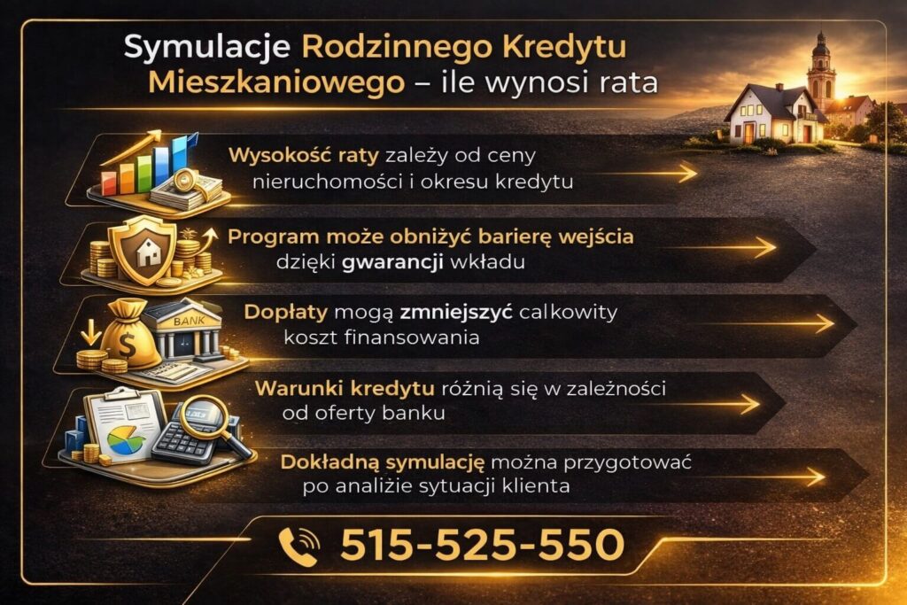 Infografika pokazująca symulację raty w programie kredyt hipoteczny dla rodzin z gwarancją wkładu własnego. Grafika prezentuje czynniki wpływające na wysokość raty kredytu, takie jak cena nieruchomości, okres finansowania, dopłaty państwowe oraz indywidualna sytuacja finansowa klienta.