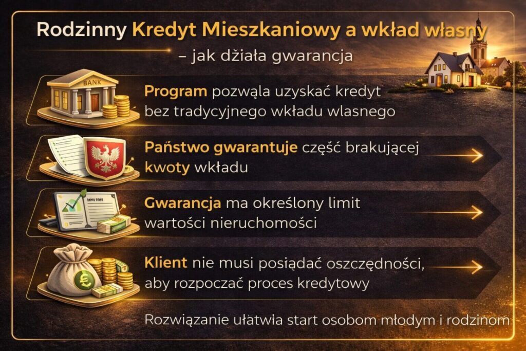 Infografika wyjaśniająca jak działa kredyt hipoteczny bez wkładu własnego dla rodzin. Grafika pokazuje gwarancję państwa pokrywającą część wkładu własnego, limity wartości nieruchomości oraz możliwość uzyskania finansowania nawet bez posiadania dużych oszczędności.