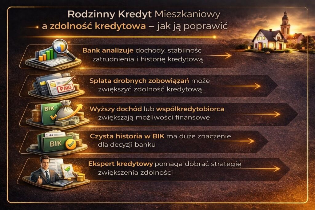 Infografika wyjaśniająca jak poprawić zdolność kredytową przy kredycie hipotecznym dla rodzin. Grafika pokazuje analizę dochodów przez bank, znaczenie historii kredytowej w BIK, wpływ spłaty zobowiązań oraz możliwość zwiększenia zdolności dzięki współkredytobiorcy.