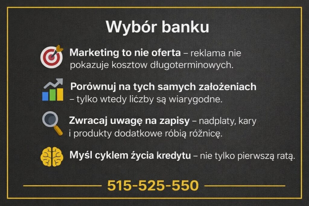 Kredyt hipoteczny a wybór banku, porównanie ofert na tych samych założeniach, analiza zapisów umowy, kosztów długoterminowych, nadpłat i produktów dodatkowych, świadoma decyzja kredytowa oparta na liczbach, a nie reklamach, wsparcie doradcy kredytowego
