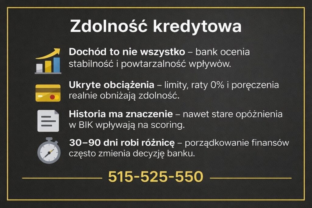 Ocena zdolności przy kredycie mieszkaniowym, analiza dochodów, stabilności wpływów, ukrytych zobowiązań i historii w BIK, poprawa scoringu kredytowego w 30-90 dni, przygotowanie klienta do decyzji banku, profesjonalna pomoc doradcy finansowego