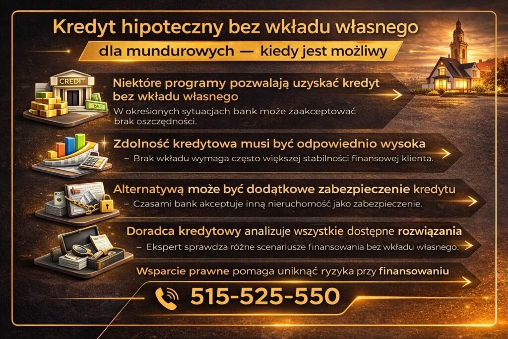 Infografika wyjaśniająca kiedy możliwy jest kredyt hipoteczny dla służb bez wkładu własnego - programy wsparcia, dodatkowe zabezpieczenia kredytu oraz analiza zdolności kredytowej wykonywana przez doradcę finansowego.