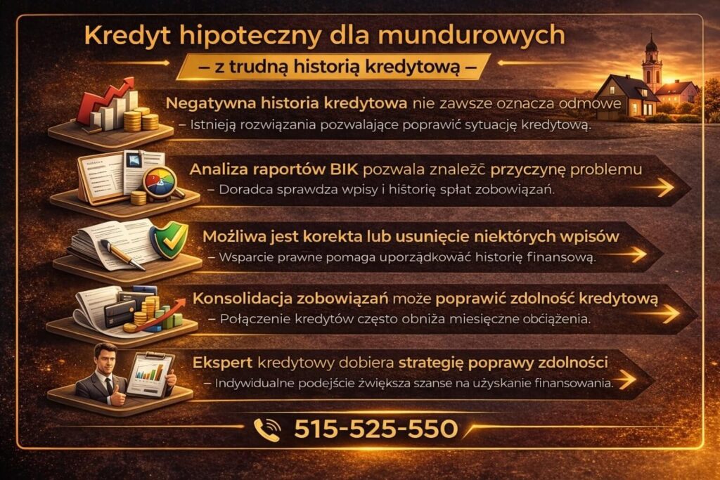 Infografika pokazująca jak uzyskać kredyt hipoteczny dla mundurowych z trudną historią kredytową – analiza raportu BIK, możliwość korekty wpisów, konsolidacja zobowiązań oraz indywidualna strategia poprawy zdolności kredytowej.