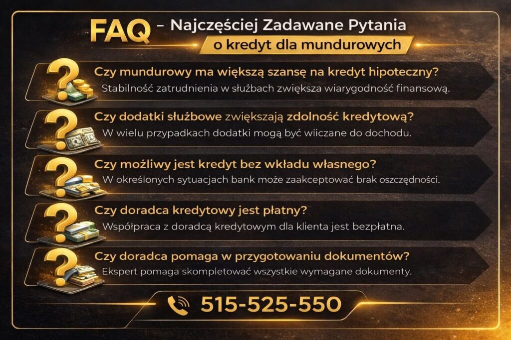 Grafika FAQ odpowiadająca na najczęstsze pytania o kredyt dla mundurowych – czy służba zwiększa szanse na kredyt hipoteczny, czy dodatki służbowe wpływają na zdolność kredytową, czy możliwy jest kredyt bez wkładu własnego oraz czy doradca kredytowy jest bezpłatny.