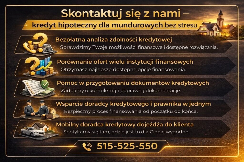 Infografika pokazująca proces uzyskania finansowania jakim jest kredyt dla mundurowych – bezpłatna analiza zdolności kredytowej, porównanie ofert wielu banków, pomoc w przygotowaniu dokumentów oraz wsparcie doradcy kredytowego i prawnika w całym procesie zakupu nieruchomości.