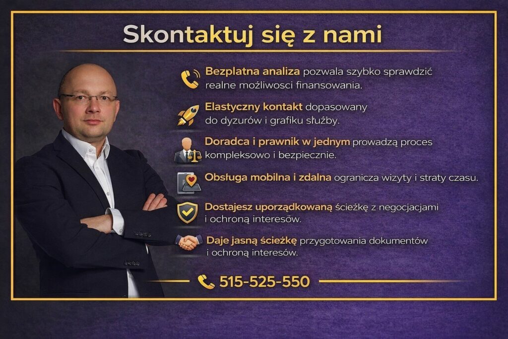 Doradztwo kredytowe dla mundurowych z bezpośrednim kontaktem. Grafika prezentuje możliwość bezpłatnej analizy, elastycznego kontaktu dopasowanego do grafiku służby oraz kompleksowej obsługi przez doradcę kredytowego i prawnika.