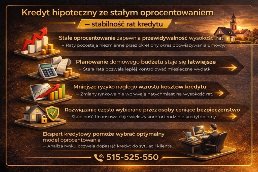 Grafika wyjaśniająca zalety kredytu hipotecznego dla funkcjonariuszy służb ze stałym oprocentowaniem – stabilność rat kredytu, łatwiejsze planowanie budżetu domowego, mniejsze ryzyko wzrostu kosztów oraz pomoc eksperta kredytowego w wyborze oferty.