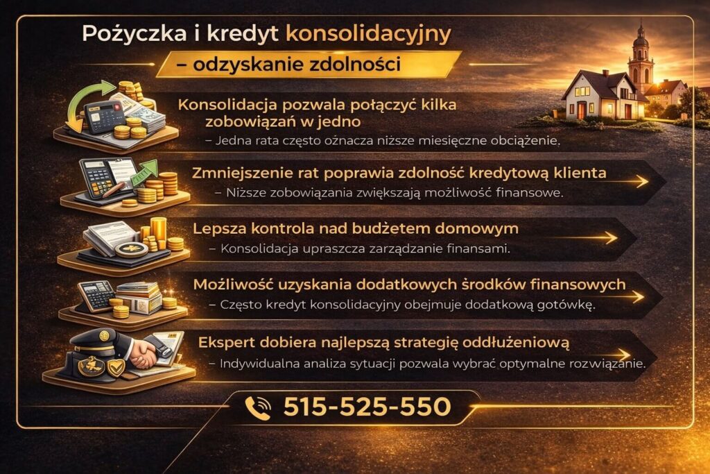Infografika wyjaśniająca jak działa kredyt dla mundurowych w formie konsolidacji zobowiązań – połączenie kilku kredytów w jedną ratę, poprawa zdolności kredytowej, lepsza kontrola nad budżetem domowym oraz możliwość uzyskania dodatkowych środków finansowych.