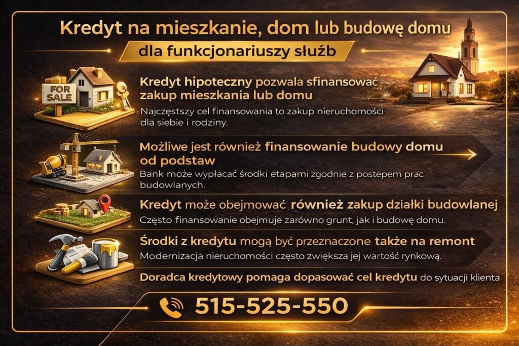 Infografika przedstawiająca możliwości jakie daje kredyt mieszkaniowy dla służb mundurowych - finansowanie zakupu mieszkania lub domu, budowy nieruchomości, zakupu działki budowlanej oraz remontu dzięki wsparciu doświadczonego doradcy kredytowego.