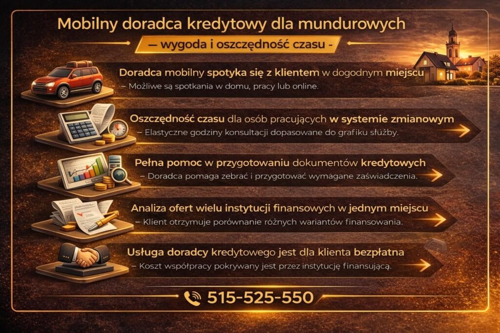 Grafika prezentująca zalety mobilnej konsultacji przy uzyskaniu finansowania mieszkaniowego dla funkcjonariuszy służb – spotkanie z doradcą kredytowym w dogodnym miejscu, oszczędność czasu oraz kompleksowa pomoc w przygotowaniu dokumentów kredytowych.