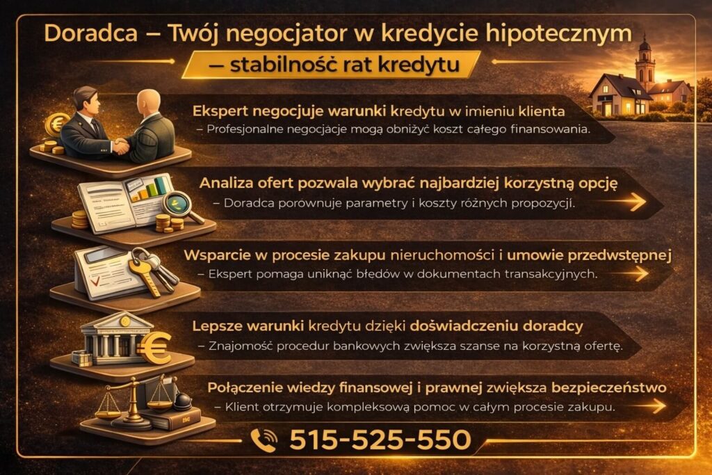 Infografika prezentująca rolę doradcy jako negocjatora w procesie uzyskania kredytu hipotecznego dla funkcjonariuszy służb mundurowych – analiza ofert banków, negocjowanie warunków finansowania, wsparcie przy zakupie nieruchomości oraz bezpieczeństwo całej transakcji.